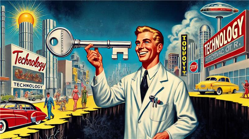 Un scientifique tient dans sa main une clé dans un décor vintage