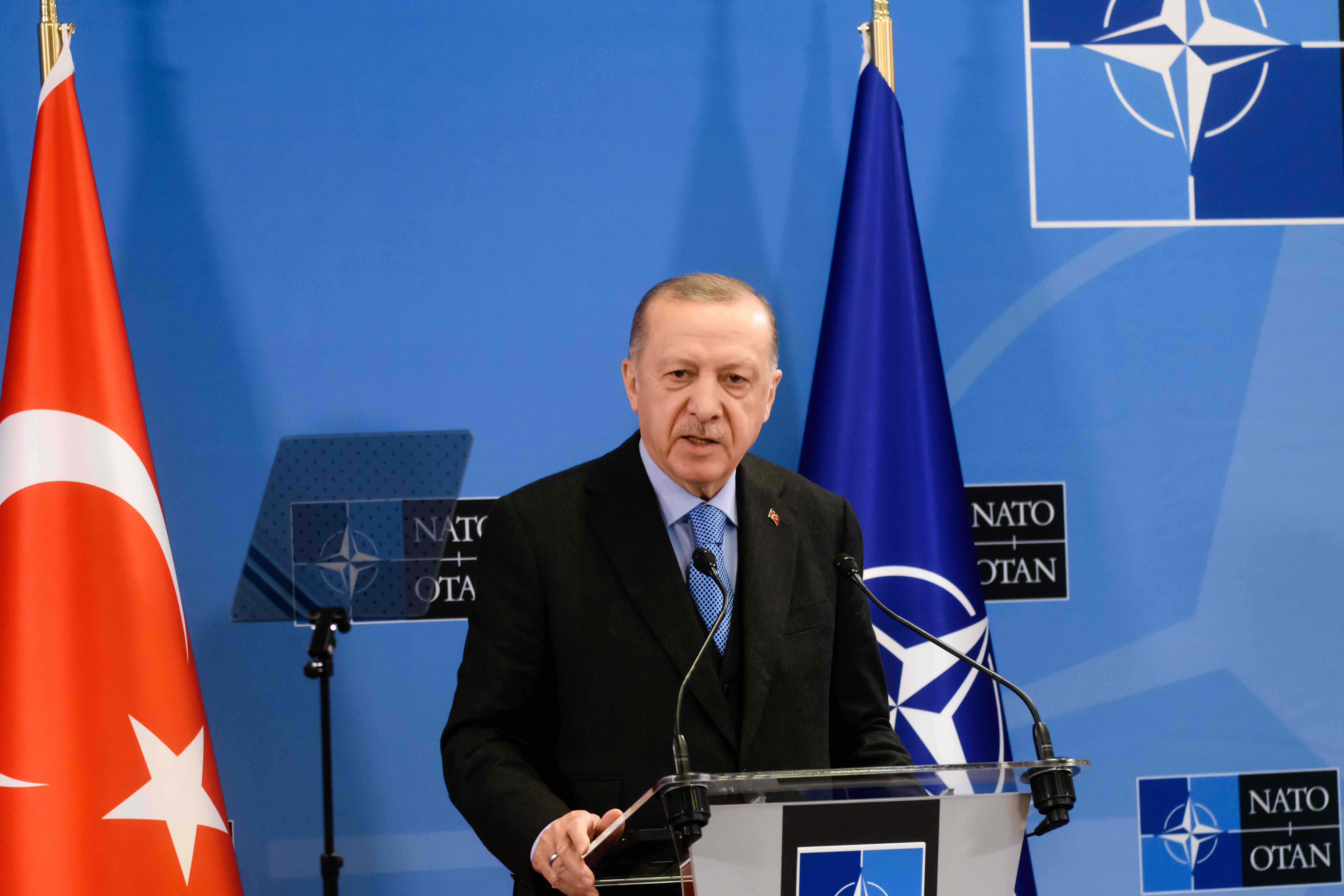 BRUXELLES, BELGIQUE. 24 mars 2022. Recep Tayyip Erdogan, président de la Turquie, lors d'une conférence de presse, après le Sommet extraordinaire de l'OTAN. Bruxelles, Belgique
