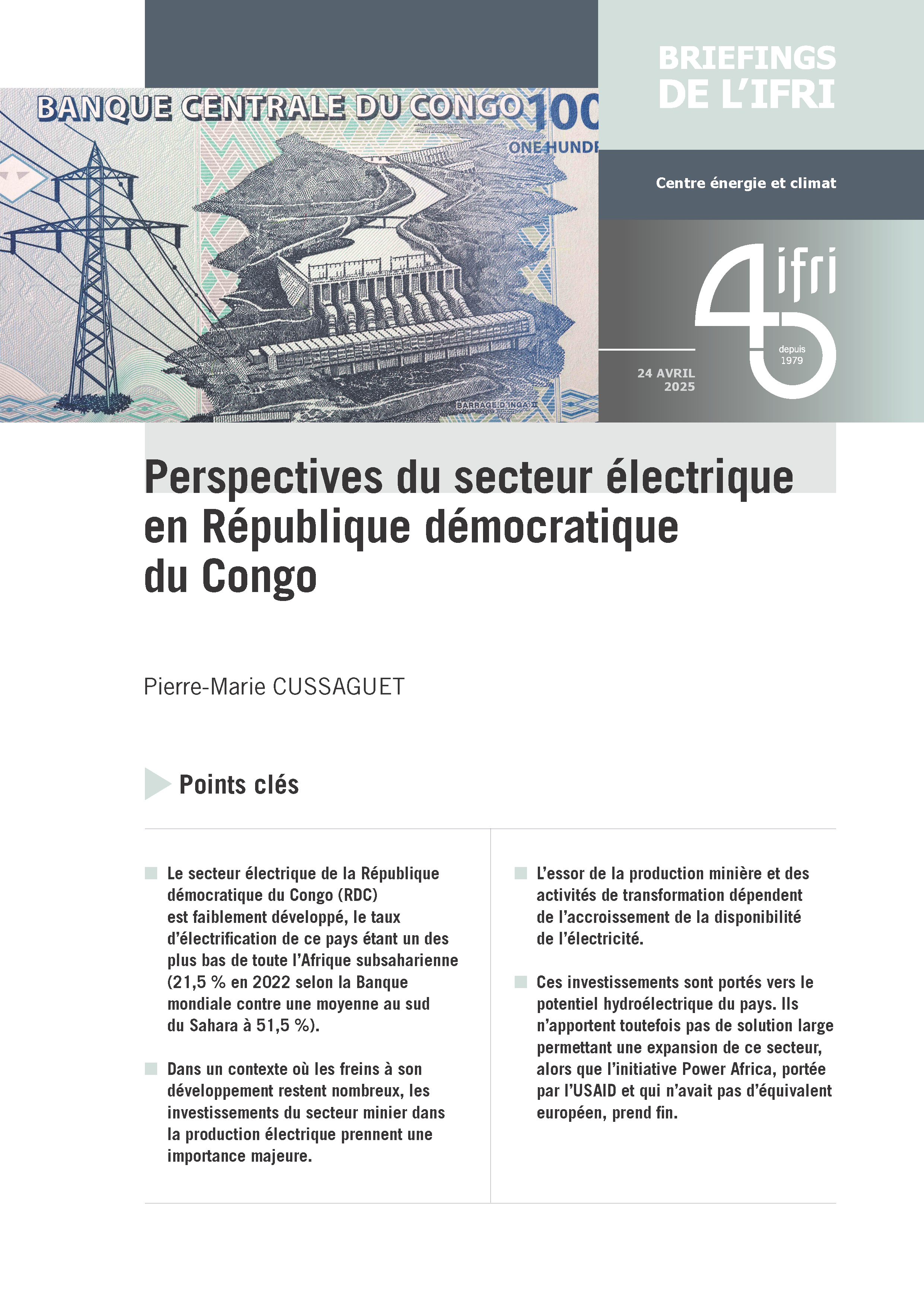 couverture du briefing de l'Ifri sur l'électricité en RDC