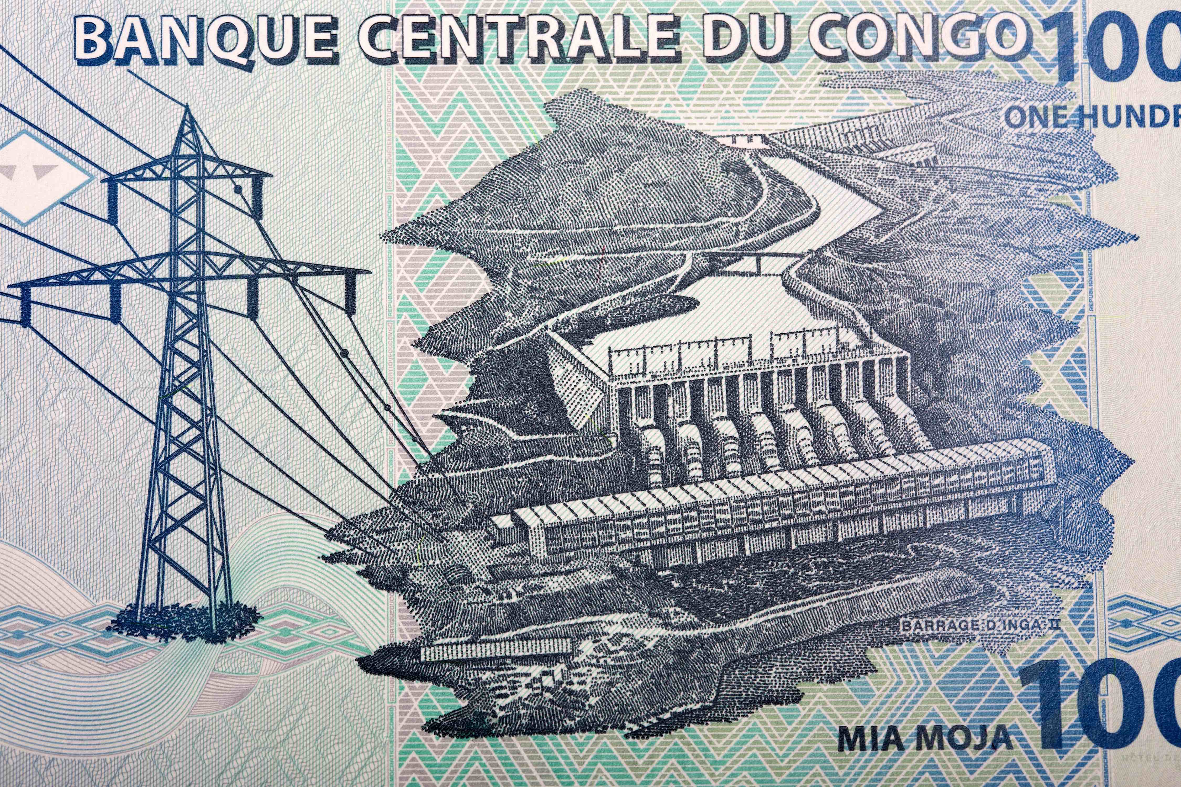 Dessin du barrage hydroélectrique Inga II sur un billet congolais