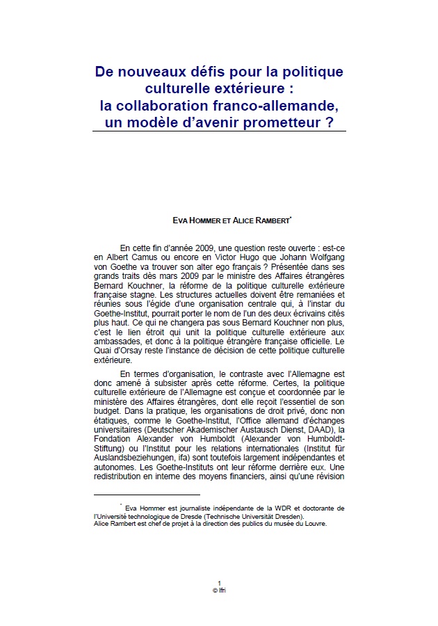 De nouveaux défis pour la politique culturelle extérieure: la collaboration franco-allemande, un modèle d'avenir prometteur?