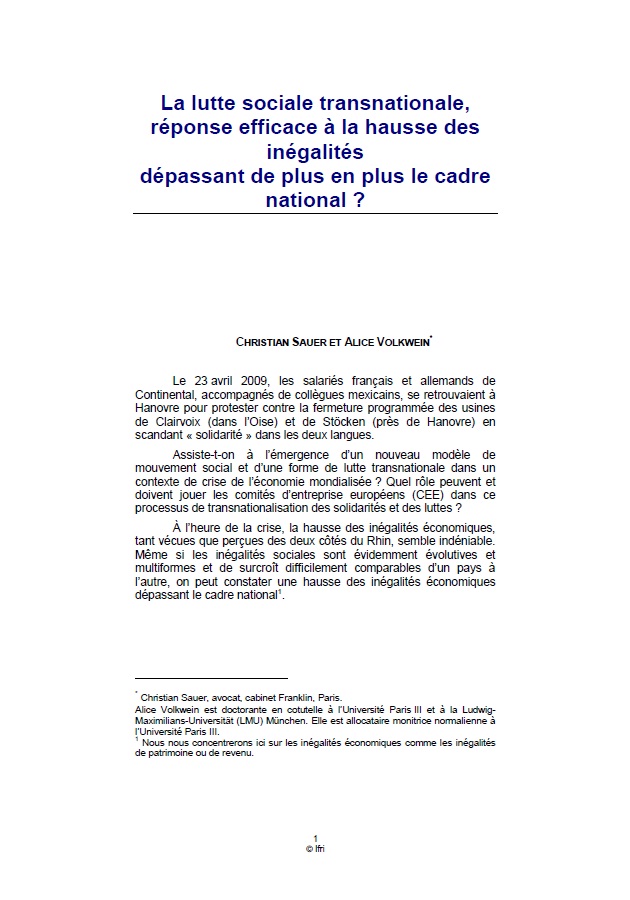 La lutte sociale transnationale, réponse efficace à la hausse des inégalités dépassant de plus en plus le cadre national?