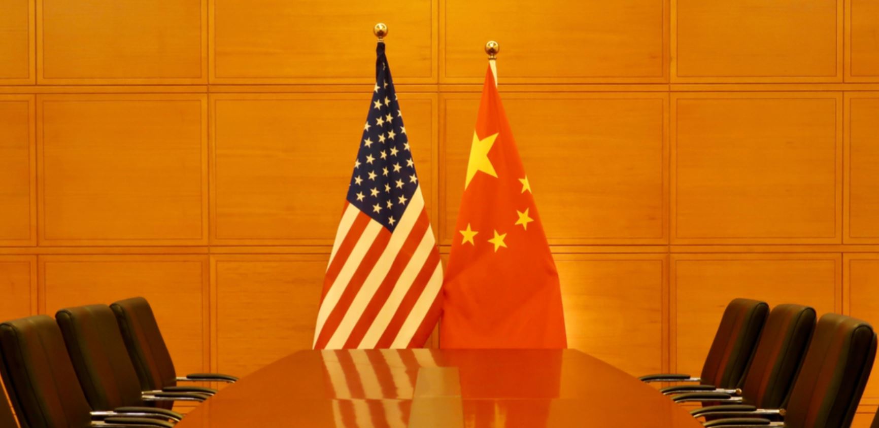 WASHINGTON, DC - MAY 4, 2019: EMBASSY OF THE PEOPLE’S REPUBLIC OF CHINA - meeting / conference room with Chinese and American flags