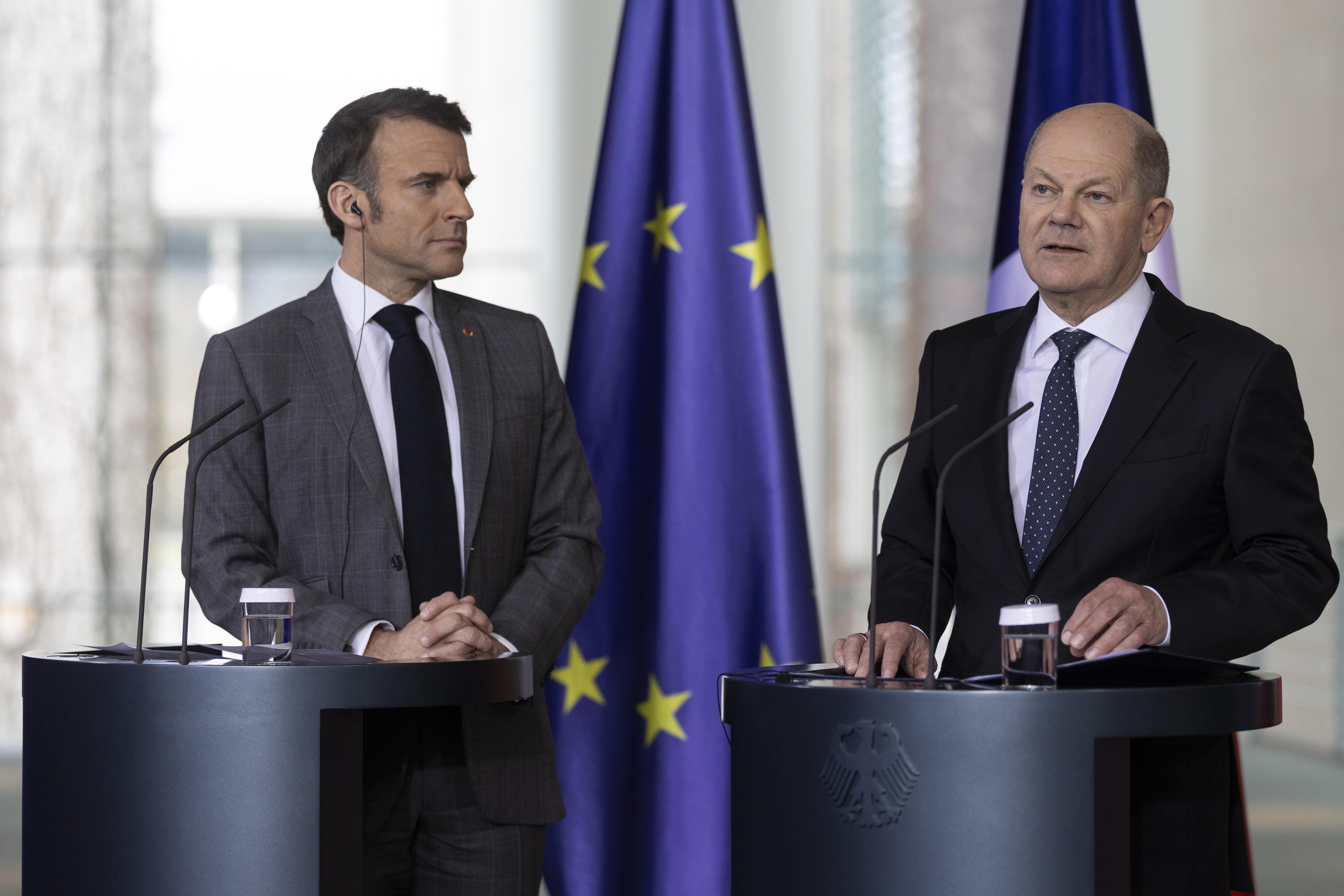 Bundeskanzler Olaf Scholz und der französische Staatspräsident Emmanuel Macron bei einer Pressekonferenz, Berlin - 15. März 2024