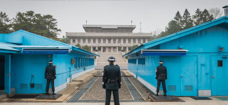 PANMUNJEON, SOUTH KOREA - APRIL 9: South Korean soldiers stand guard at the Demilitarized Zone on the North Korean border on April 9, 2016 in Panmunjeon, South Korea.