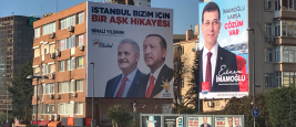 A poster for Turkey's President Tayyip Erdogan's, Binali Yıldırım and Ekrem Imamoglu election campaign in Istanbul, Turkey on Mar. 5, 2019