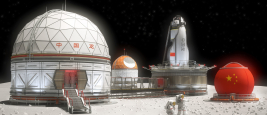 Concept of a futuristic 3d illustration of a China base in the Moon dark side. The chinese letters means Chinese dragon, a non real name for the lunar mission in the concept.