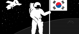 Astronaut in a spacesuit places a flag of their country on the planet's surface. A spaceship flying among the stars. Man in open space. Silhouette. Flag of South Korea. Vector.